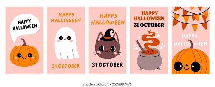 Cartaz de Halloween. Estilo liso da moda e personagens engraçados. Cartaz vetorial bonito definido para cartão postal, folheto, banner