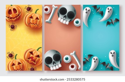 Halloween poster set vector design. Halloween background collection with cute, creepy and scary mascot character elements with copy space for typography text. Vector illustration.
