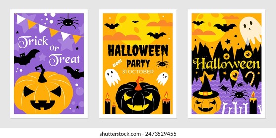 Halloween poster set. Vector illustration with ghost, pumpkin, bat, spider, moon, bone, candle. Holiday background for Halloween party. Text design