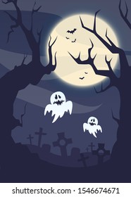 Halloween poster with silhouette of ghosts, tree and tombstones. Vector illustration