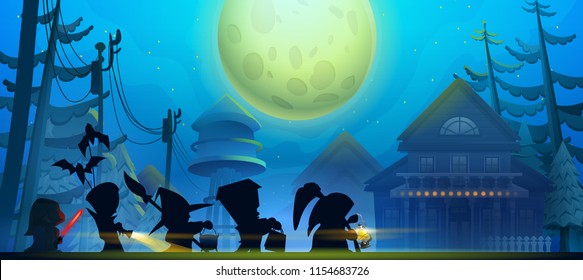 Halloween poster with silhouette of kids walking behind sweets in the moonlight. Vector illustration.