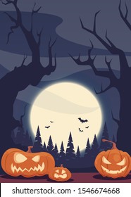 Halloween poster with silhouette of pumpkin, bats, and trees. Vector illustration