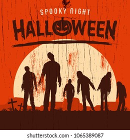 Halloween Poster, Silhouette Of Zombies Walking At Graveyard, Vector Illustration