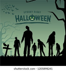 Halloween poster, Silhouette of zombies walking at graveyard, Vector Illustration