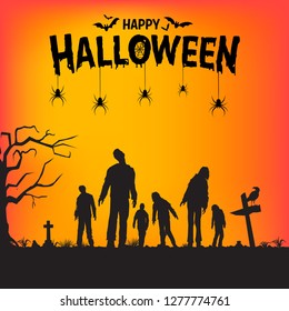 Halloween poster, Silhouette of zombies walking, Vector Illustration