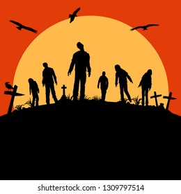 Halloween poster, Silhouette of zombies walking, Vector Illustration