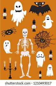 Halloween poster with skeleton, bats, ghosts, spiders, candles and all other spooky stuff. Great as home decoration or telephone case 