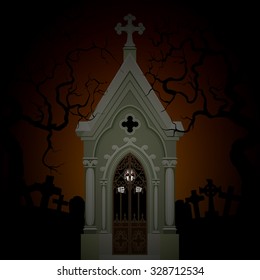 Halloween poster with skeleton in crypt at night