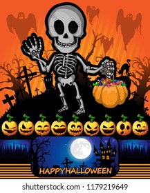 Halloween poster with skeleton. Vector illustration.