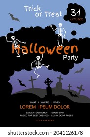 Halloween poster with skeletons, write your text here. Scary party invitation. Flyer template vector halloween background