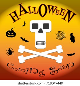 Halloween poster. Skull with bones. Vector illustration in red orange colors