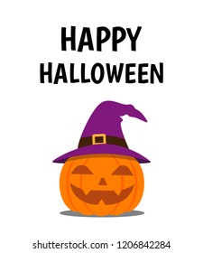 Halloween poster with smile pumpkin devil wearing witch hat on white background - Vector illustration