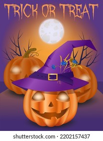 Halloween poster with smiling pumpkins against the backdrop of a glowing full moon with an inscription "Trick or treat". Vector illustration.