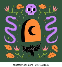 Halloween Poster With Snakes, Headstone, Skull, Bat, Abstract Leaves And Flowers. Holiday Vector Flat Illustration 