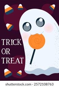 Halloween poster with spider. Cute little ghost with caramel. International holiday of fear and horror. 31 october festival. Trick or treat. Cover or banner. Flat vector illustration