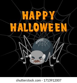 Halloween poster with spider on web on black background, vector creepy text with flat spooky insect illustration for holiday invitation, Halloween party banner, spider logo, scary icon, fear and dark