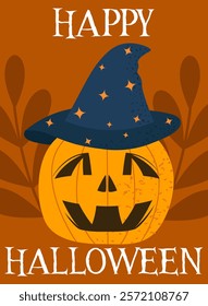 Halloween poster with spider. Scary and spooky pumpkin in witch hat. International holiday of fear and horror. 31 october festival. Booklet or leaflet. Flat vector illustration