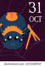 Halloween poster with spider. Scary and spooky spider on cobweb. International holiday of fear and horror. 31 october festival. Brochure or leaflet. Flat vector illustration