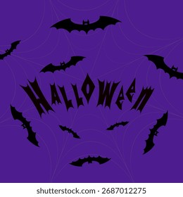 Cartel de Halloween con Web de araña y siluetas de murciélago, inscripción de Halloween de miedo sobre fondo púrpura oscuro.