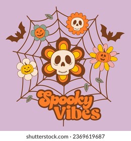 Halloween poster with spiderweb, skull, flowers