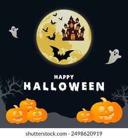 Halloween poster with a spooky castle silhouetted by a full moon, surrounded by bats, twisted trees, glowing windows, and laughing pumpkins, creating a perfectly haunted vibe.