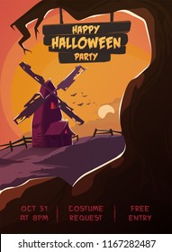 Halloween poster. Spooky mill with dead trees. Vector illustration.  