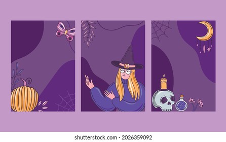 Halloween poster, story, banner, flyer set. Magic witch purple set