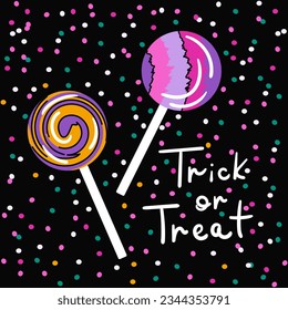 Halloween poster with striped lollipops. Trick or treat concept, twisted hard sugar candies and confetti isolated on black background. Greeting card, dotted banner. Vector illustration