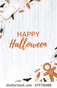 Halloween poster with sweets. Top view on spiders, paper bats and confetti on wooden texture. Vector illustration with cookies in form of skeleton gingerbread man. Cream cake in form of mummy.