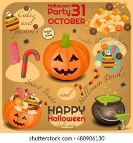 Halloween Poster - Symbols and Signs of October Halloween. Sweet Treats and Jack-o-lantern. Invitation Card for Party. Vector Illustration.