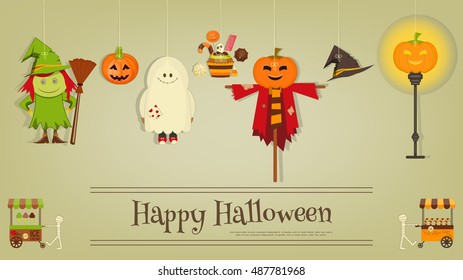 Halloween Poster - Symbols and Signs of October Holiday. Sweet Treats and Jack-o-lantern. Invitation Card for Party. Vector Illustration.