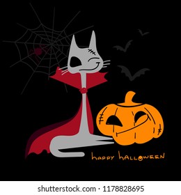 Halloween poster. t short design with funny cat ghost and pumpkin, bats silhouette on dark black background, spider and web grid. Cat Dracula.