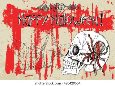 Halloween poster with tarantula spider, human skull, cobweb and bloody texture background. Doodle line art illustration and graphic sketch, hand drawn card.