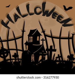 Halloween Poster Template cemetery and old church, illustration.