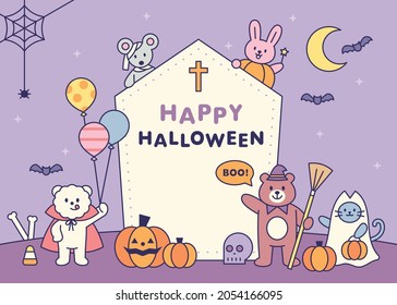 Halloween poster template. Cute Halloween animal characters are greeting around a gravestone with a message on it. flat design style vector illustration.