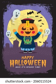 Halloween poster template. Cute pumpkin head in chinese zombie cosplay with ghosts on dark moon night cemetery background. Halloween character flat design. Funny pumpkin man monster.