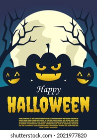 diseño de plantillas de afiches de halloween con ilustración de fantasmas de luna y calabaza.