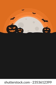 halloween poster template with full moon, scary pumpkin, and bat on orange background. copy space halloween background