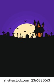 halloween poster template with haunted house, cemetery, bats, and moon on purple sky background