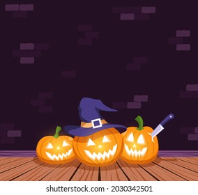 Halloween poster template with pumpkins on the floor. Halloween flyer with space for text. Vector illustration.