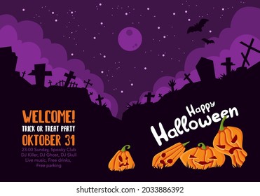 Halloween poster template, scary party invitation flyer with horror symbols pumpkin on dark cemetery background. Vector art illustration