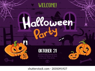 Halloween poster template, scary party invitation flyer with horror symbols pumpkin and spooky elements on dark attic background. Vector art illustration