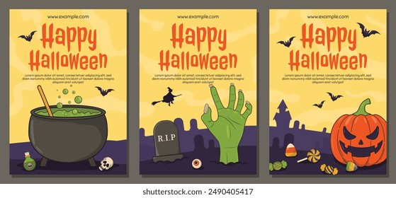 Halloween poster template set party invitation with pumpkin, ghost, cauldron and cemetery. Vector illustration.