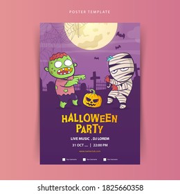 Halloween poster template with zombie and mummy cartoon vector