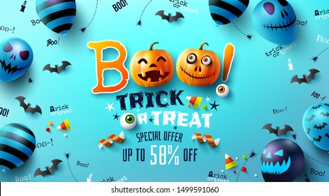 Halloween poster with text "Boo! trick or treat", Scary air balloons and Halloween Elements.Website spooky,Background or banner Halloween template.Vector illustration EPS10