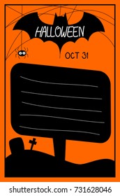 Halloween poster, text on bat and blank space for your text on blackboard on orange background - vector illustration