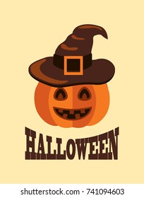 Halloween poster with text sample and title, image of pumpkin with hat on it, represented on vector illustration, jack-o-lantern in flat style
