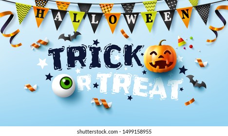 Halloween poster with text "trick or treat",pumpkin and Halloween Elements.Website spooky,Background or banner Halloween template.Vector illustration EPS10