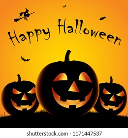 Halloween poster with three pumpkins and witch template