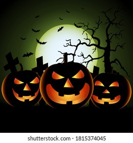 Halloween poster with three scary pumpkins in background